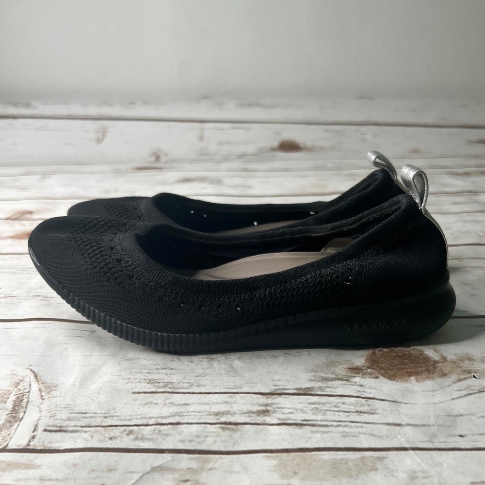 Cole Haan Zerogrand Stitchlite Ballet Flat Black Knit Silver Tab 5B W10850